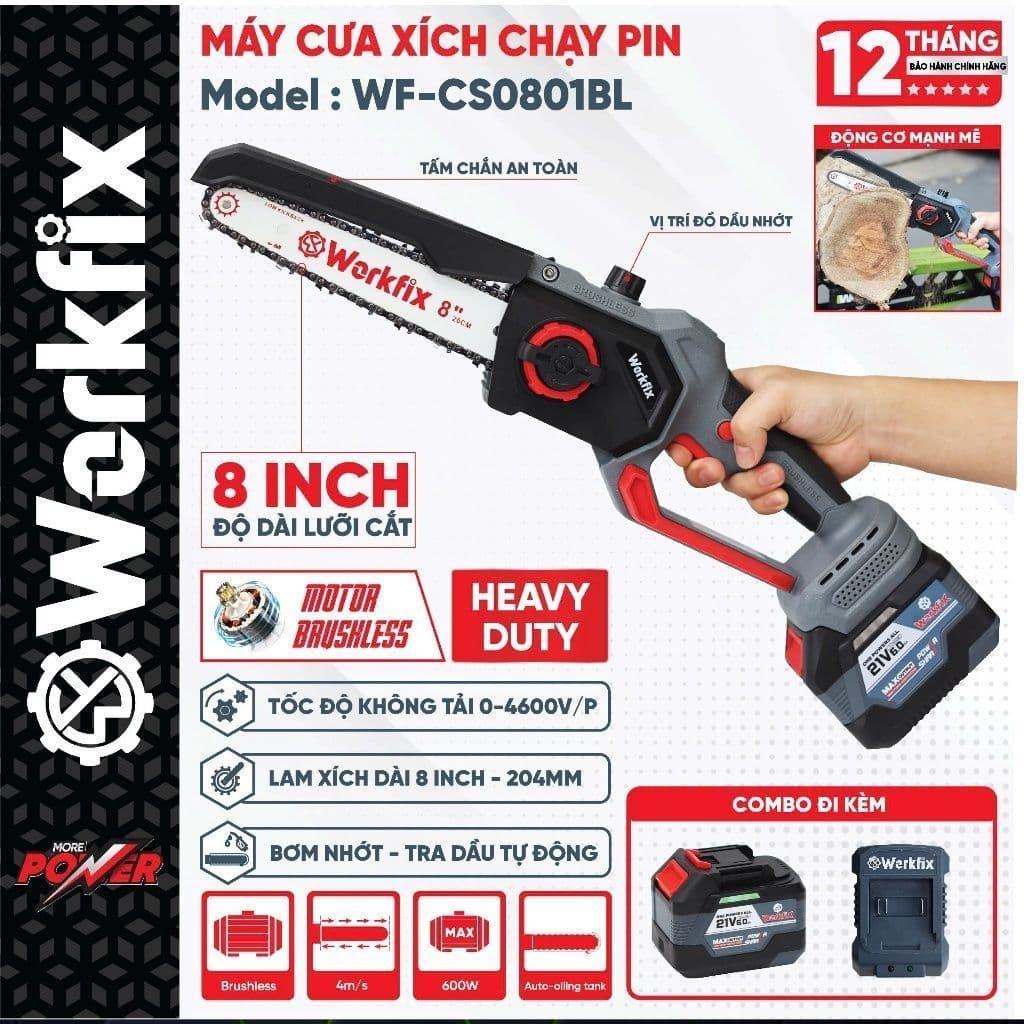 Cưa xích dùng pin WORKFIX WF-CS0801BL, Tốc độ khủng 46000v/p, Không chổi than, Tra nhớt tự động, Hỏa tốc