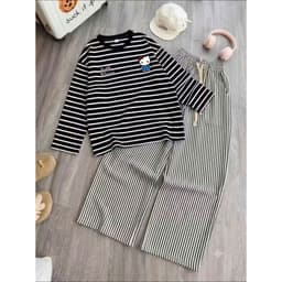 SÉT BỘ QUẦN KẺ VẰN DÁNG DÀI + MIX ÁO KẺ  SỌC NGANG DÀI TAY hình KITY in ngu c 2
