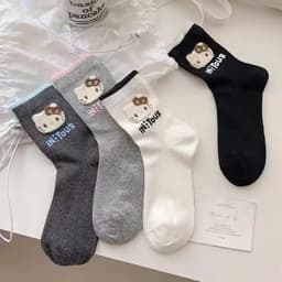 Set 10 Đôi Tất/ Vớ Hoạ Tiết Mèo Hello Kitty Viền Màu Cổ Cao Phong Cách Dễ Thương 3