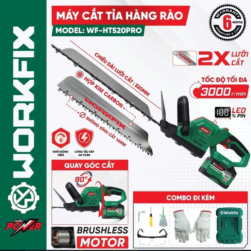1 Máy Cắt Tỉa Hàng Rào Pin WORKFIX WF-HT520PRO, Lưỡi Bản To Cắt Bén Gom Cành - Xoay Góc Cắt 90 Độ