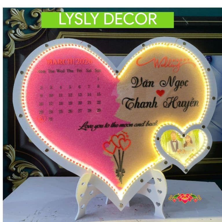 Tranh Rót Cát - Tranh Thả Tim Ngày Cưới, Chất liệu Mica Đài Loan, Có LED viền