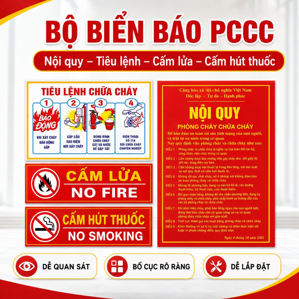 Bộ Nội Quy PCCC Tiêu Lệnh Chữa Cháy, Biển Cấm Lửa Cấm Hút Thuốc Trang Trí Văn Phòng Nhà Xưởng