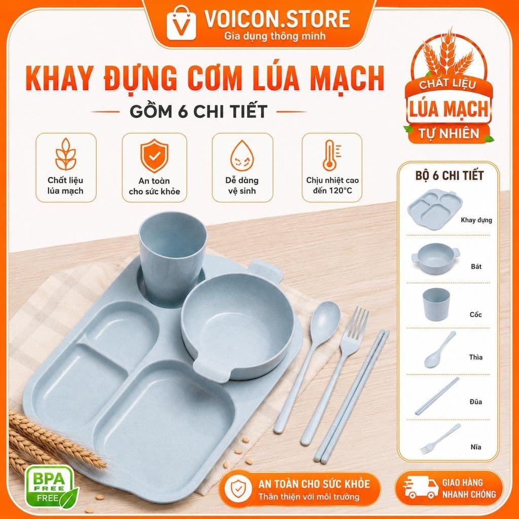 VOICON Khay ăn dặm cơm lúa mạch BIN99 gồm 6 chi tiết an toàn cho bé chất liệu tự nhiên dễ rửa sạch kích thước 30x21cm