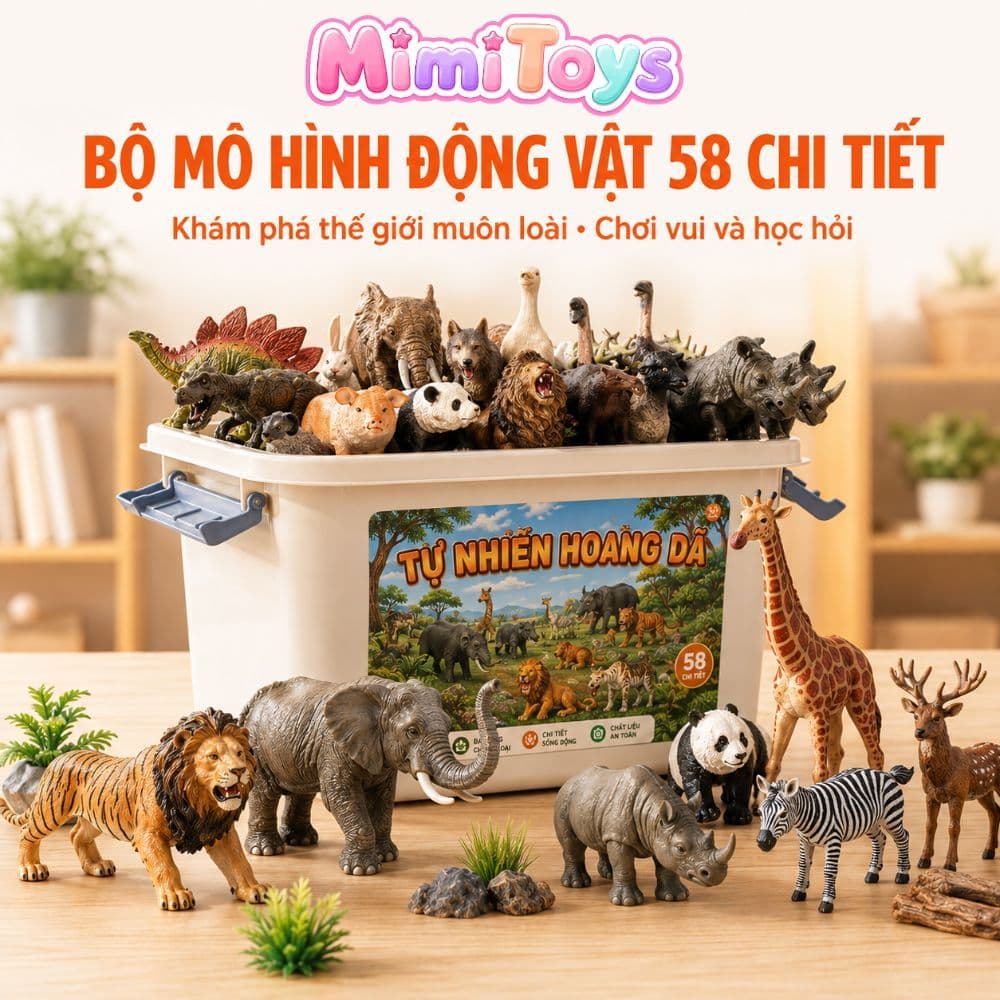 Bộ Đồ Chơi Mô Hình Động Vật 58 Chi Tiết MimiToys - Thú Rừng Sinh Động Kèm Hộp Đựng Tiện Lợi