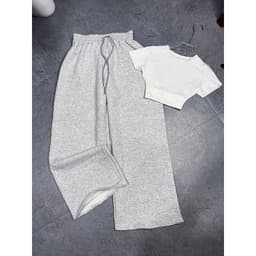 ( bé gái 32-48kg )  Sét Bộ bé gái quần dài da cá xám tiêu+ phối áo croptop tăm lạnh hallower-thuba98 3