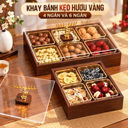 Hộp Đựng Bánh Kẹo Mứt Tết 2027 Sang Trọng, Khay Gỗ Melamine 4 Ngăn 6 Ngăn Màu Óc Chó Kèm Hũ Viền Vàng, Nắp Mica Trong 1