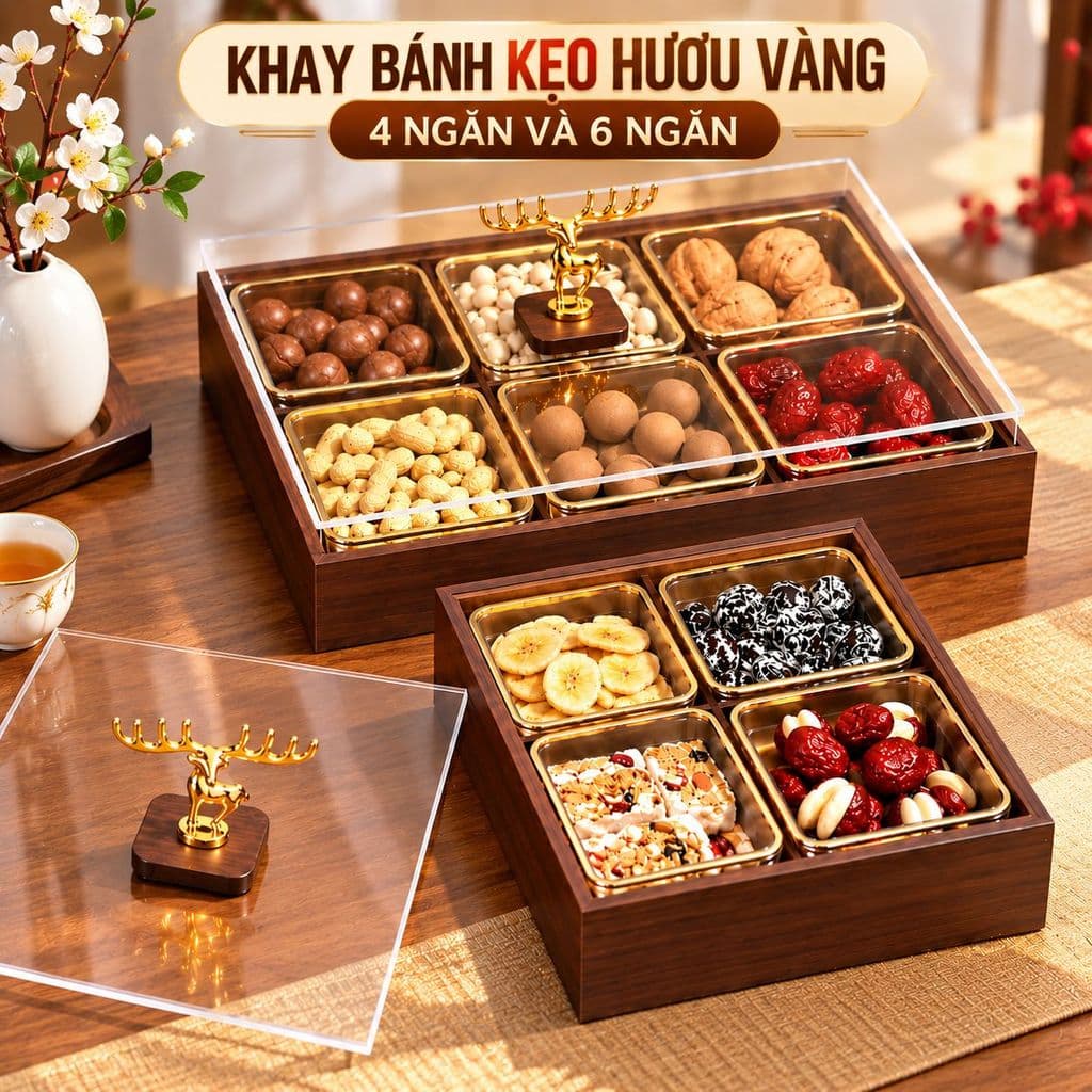 Hộp Đựng Bánh Kẹo Mứt Tết 2027 Sang Trọng, Khay Gỗ Melamine 4 Ngăn 6 Ngăn Màu Óc Chó Kèm Hũ Viền Vàng, Nắp Mica Trong