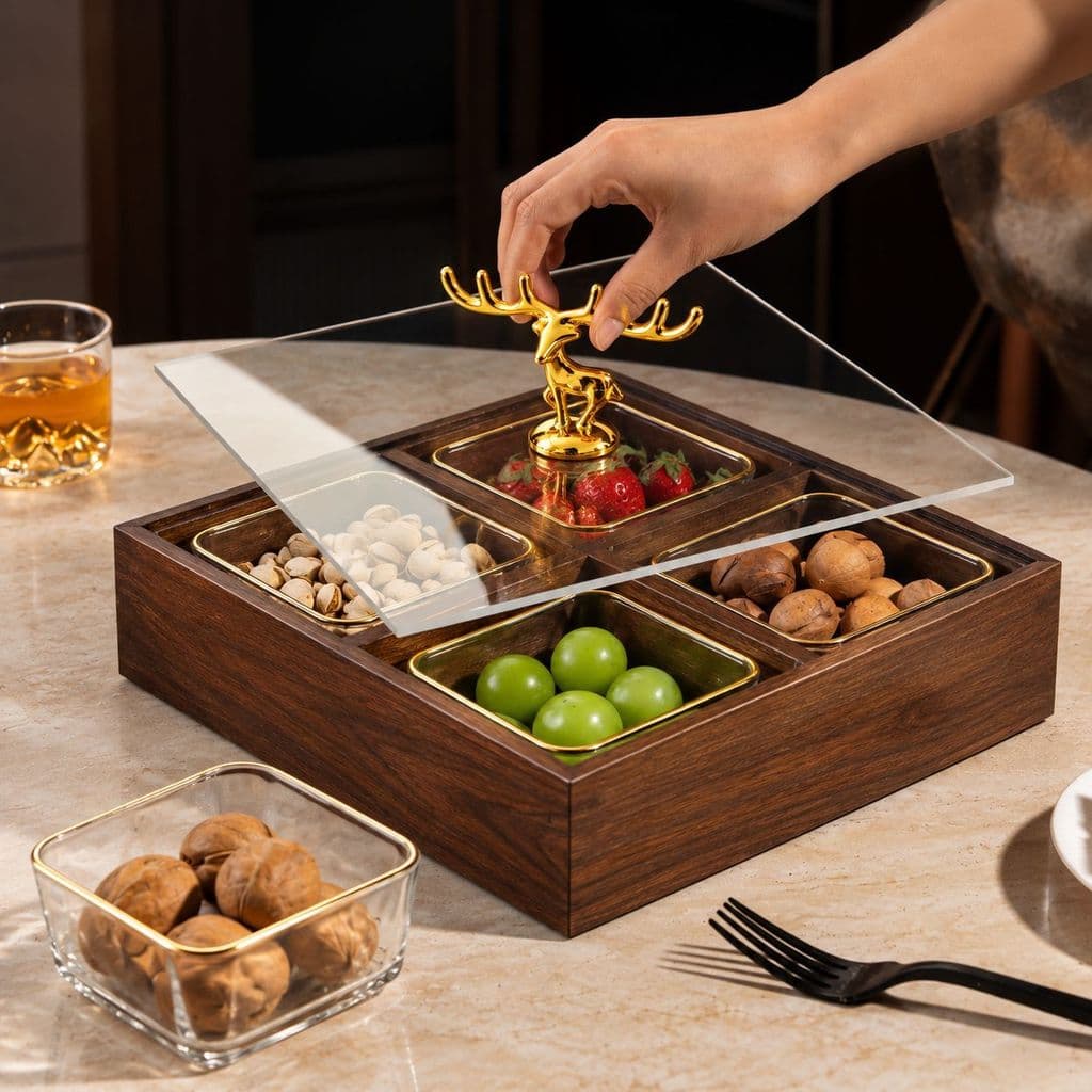 Khay Đựng Bánh Kẹo, Mứt, Hạt Tết Mẫu Mới 2027 Bằng Gỗ MDF ,Tiện Lợi Nhiều Ngăn Nắp Mica Kèm Hũ Nhựa Viền Vàng Sang Trọng