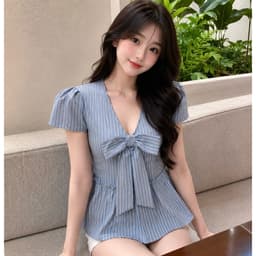 Áo sơ mi dáng babydoll đính nơ to kẻ sọc TM007 9