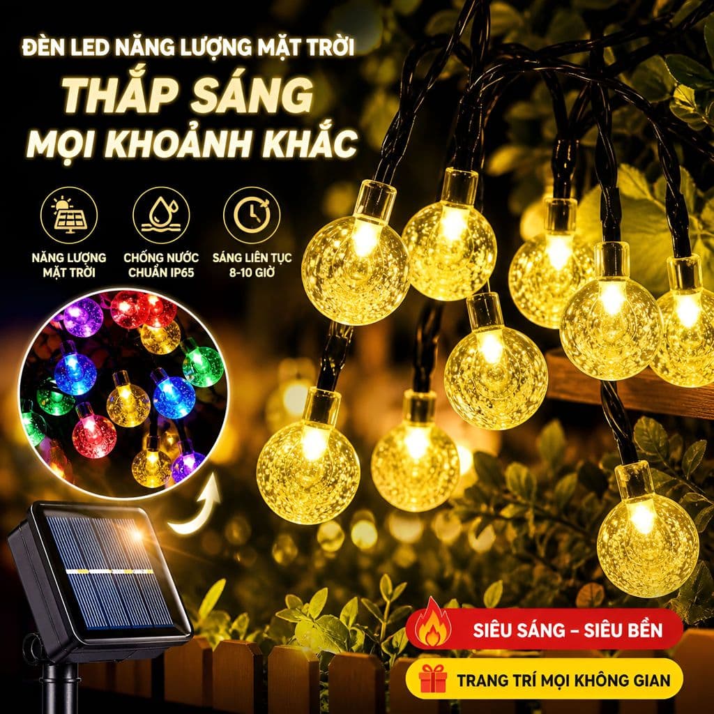 Đèn Led Trang Trí Năng Lượng Mặt Trời Hoàng Kim Dài 12m Gồm 100 Bóng Tròn, Tấm Pin Cao Cấp Có-89