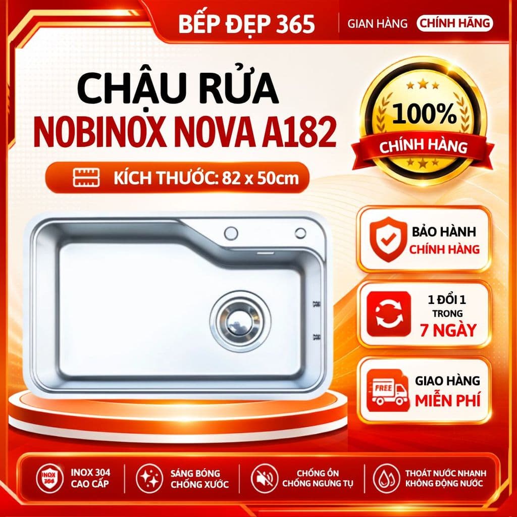 CHẬU RỬA BÁT 1 HỐ NOBINOX NOVA A182 | KÍCH THƯỚC 82 X 50CM | HÀNG CHÍNH HÃNG