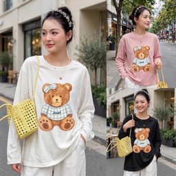 Áo thun cổ tròn tay dài form rộng chất thun giấy xước mỏng mât in gấu cài nơ  TG BEGAU 7 1