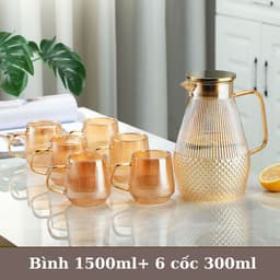 Bộ Bình Cốc Thủy Tinh Chịu Nhiệt Kèm Khay & Giá Úp – Bình 1.5L + 6 Cốc 280ml Có Quai, Bộ Bình Nước Sang Trọng Gia Đình 3