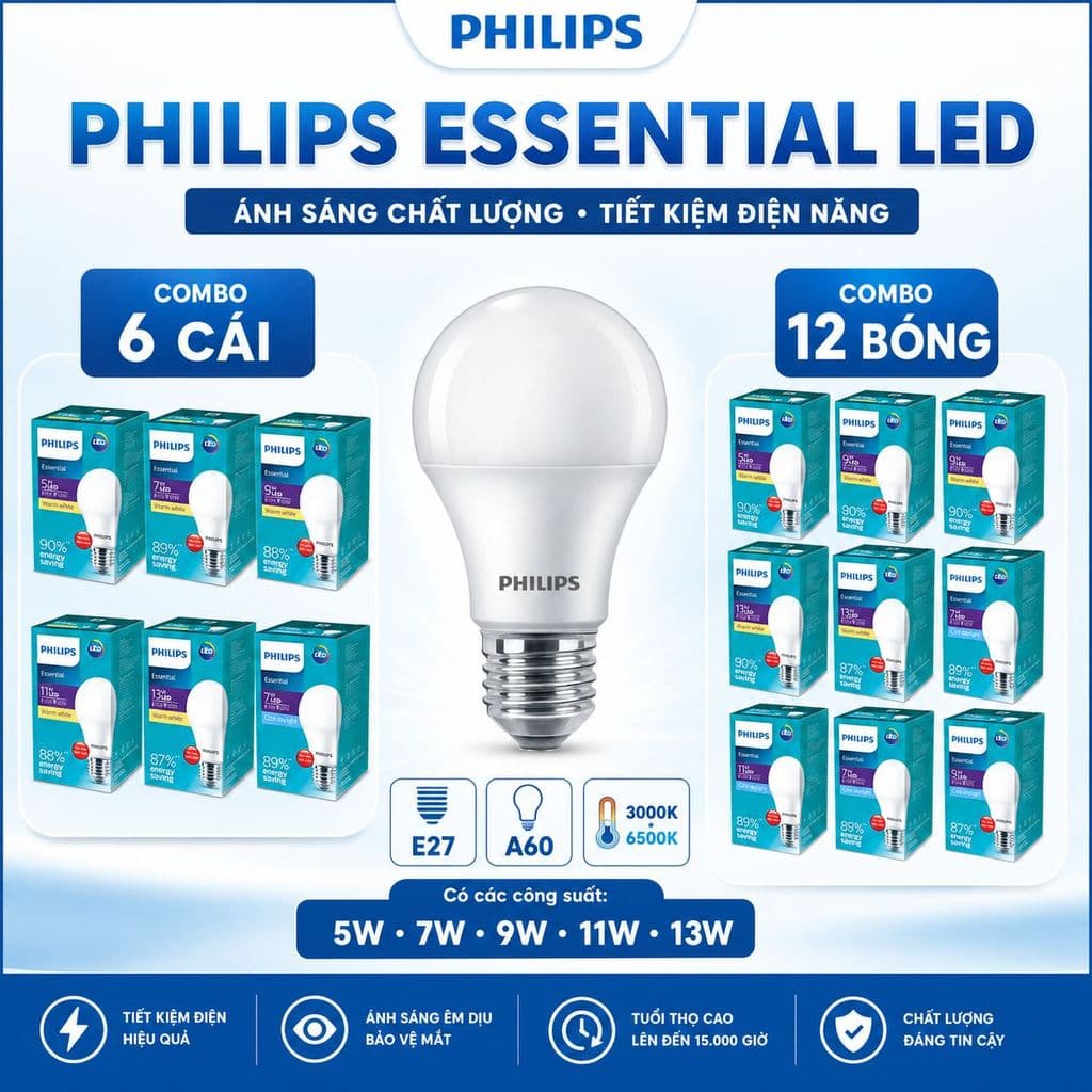 Combo 6/12 Bóng Đèn Philips Essential LED E27 A60 – Đủ Công Suất 5W 7W 9W 11W 13W, Ánh Sáng Vàng/Trắng