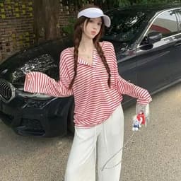 Áo Thun Giấy Dài Tay Cho Nữ Cổ Trụ Chất Liệu Cotton Giấy Kẻ Sọc Form Rộng Co Giãn Thoáng Mát Phong Cách Hàn Quốc 2