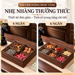 Khay Đựng Bánh Kẹo Mứt Tết 2027 Cao Cấp 4 Ngăn 6 Ngăn, Gỗ Melamine Màu Óc Chó, Hũ Nhựa Viền Vàng, Nắp Acrylic Sang Trọng 3