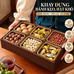 Khay Đựng Bánh Kẹo Mứt Tết 2027 Cao Cấp 4 Ngăn 6 Ngăn, Gỗ Melamine Màu Óc Chó, Hũ Nhựa Viền Vàng, Nắp Acrylic Sang Trọng 2