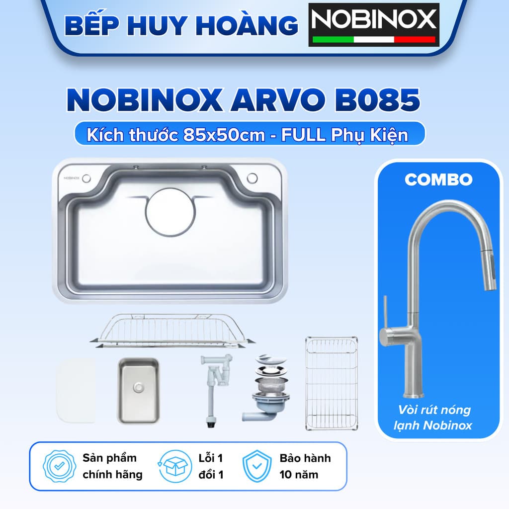 Chậu rửa 1 hố cao cấp NOBINOX ARVO B085 | Kích thước 85 X 50 CM | BẢO HÀNH 10 NĂM