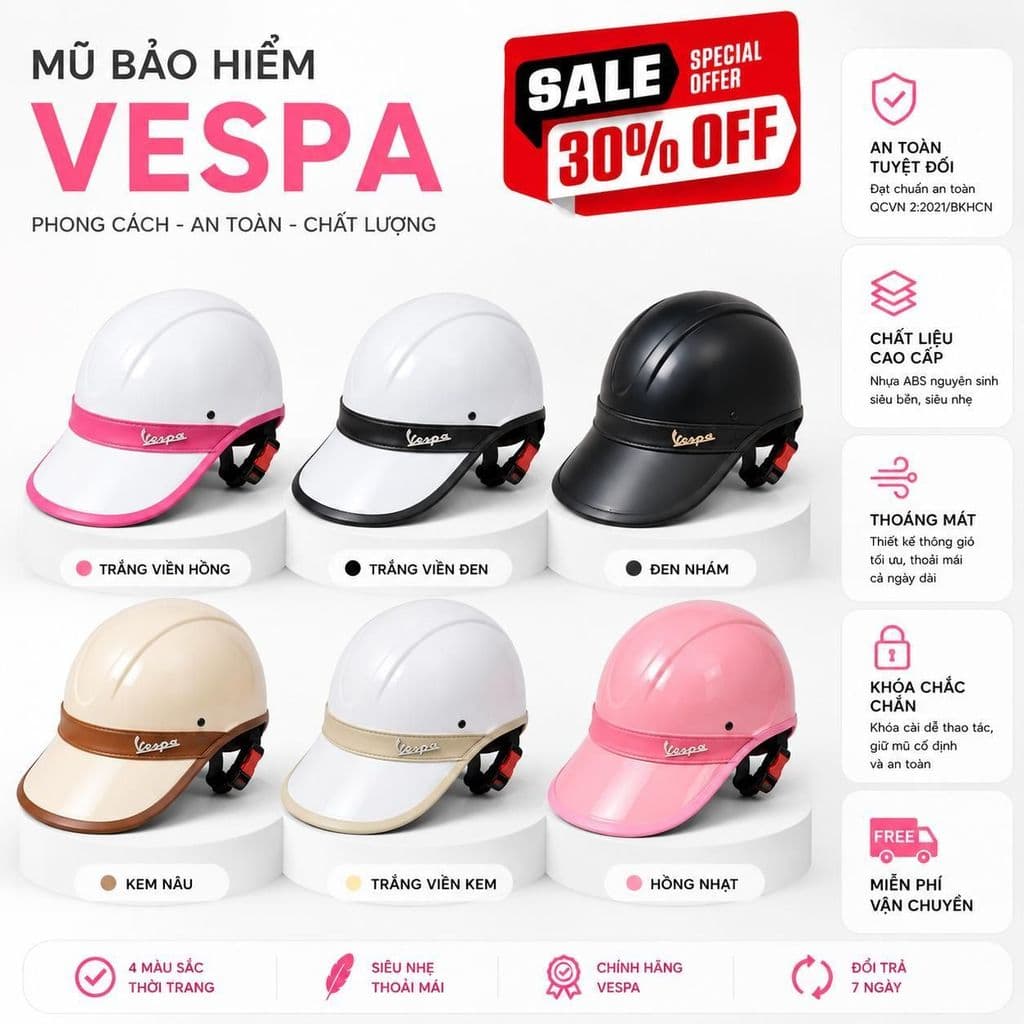 [ĐẠT CHUẨN AN TOÀN] Mũ Bảo Hiểm Vespa Luoi Trai Nam Nữ Khoét Lỗ Chừa Đuôi Tóc ABS Bền Đẹp, Dây Khóa Chắc Chắn