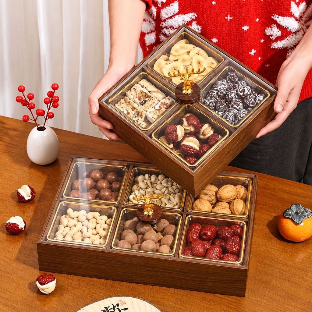 Khay Mứt 6 Ngăn Gỗ Melamine Cao Cấp Có Nắp Đậy, Khay Đựng Bánh Kẹo, Hạt, Trái Cây Khô Sang Trọng