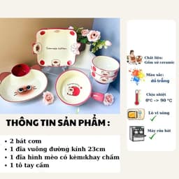 Set Bát Đĩa 5 Món Họa Tiết Mèo Đỏ May Mắn Chất Liệu Gốm Sứ Cao Cấp 2