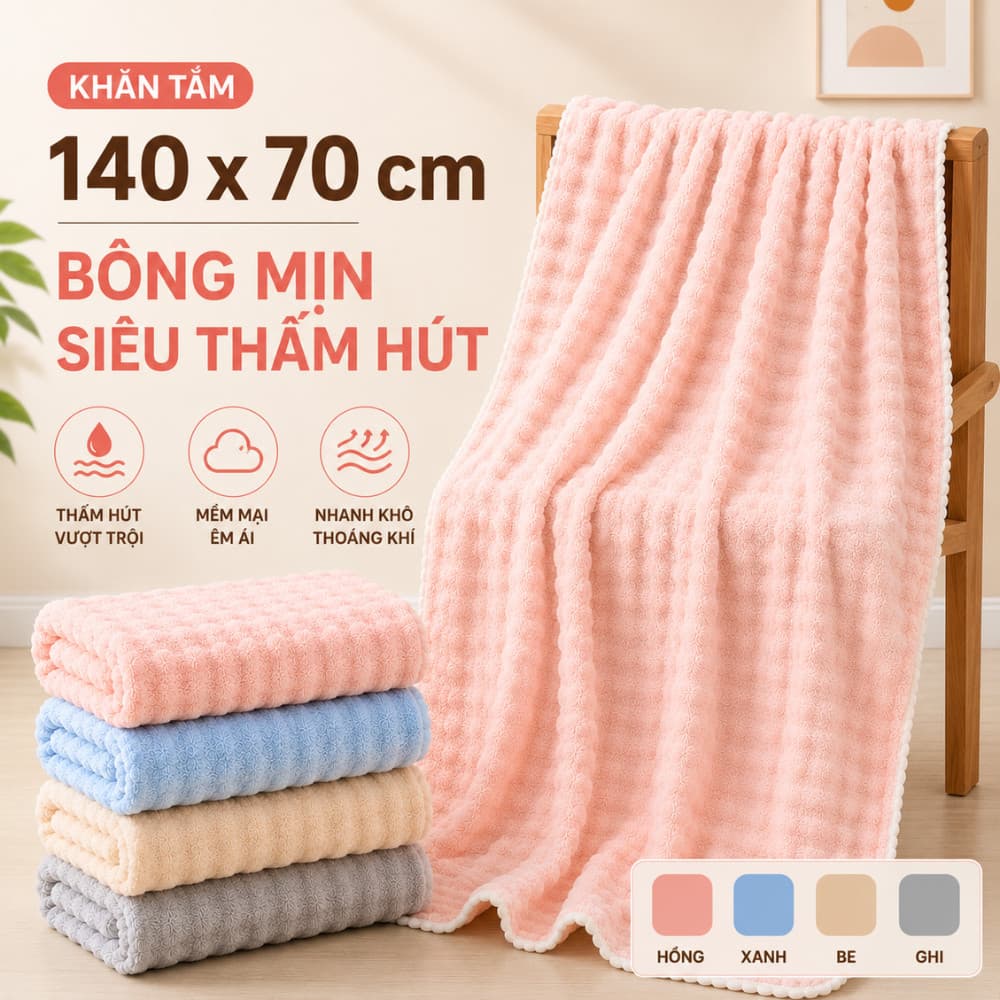 Khăn tắm siêu thấm hút 140x70cm, khăn tắm to cao cấp dạng sóng nước mềm mại, thấm hút nước tốt Bubble