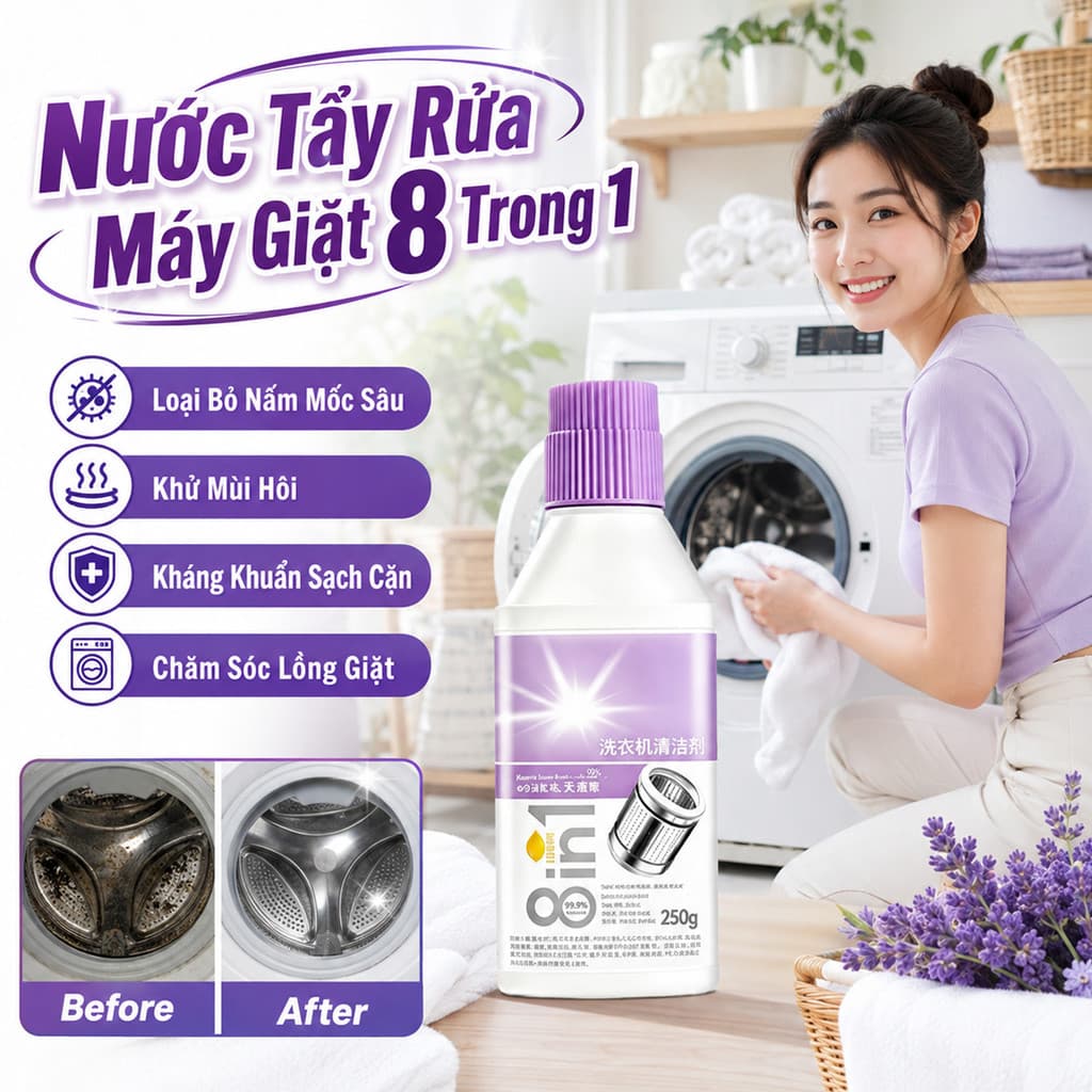 Nước Tẩy Rửa Máy Giặt / Bột Tẩy Cặn Và Khử Mùi Lồng Giặt 3 Trong 1 / Nhẹ Nhàng Với Máy / Không Cần Tháo Rời Hoặc Xả Lại