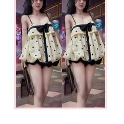 Set Bộ Nữ Gồm Áo Hai Dây Dáng Babydoll Họa Tiết Chấm Bi Phối Nơ Đen Mix Quần Short Dáng Bí Phồng Bồng Bềnh - Usmark 1