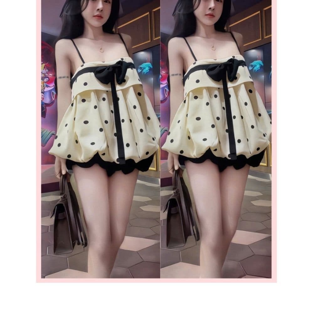 Set Bộ Nữ Gồm Áo Hai Dây Dáng Babydoll Họa Tiết Chấm Bi Phối Nơ Đen Mix Quần Short Dáng Bí Phồng Bồng Bềnh - Usmark