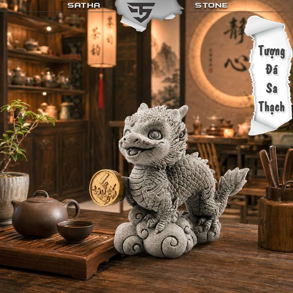 Thanh long dâng bảo đá sa thạch ST.PVN2665 - Tượng deco, trang trí tiểu cảnh, bán cạn, terrarium