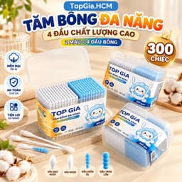 Hộp 300 que tăm bông ngoáy tai Topgia 4 đầu đa năng, mềm mịn, vệ sinh hiệu quả cho gia đình. 1