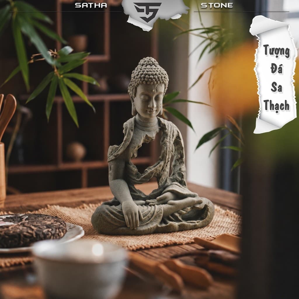 Tượng Hư Không Thiền Phật xúc địa thủ ấn đá sa thạch ST0377 - Tượng phật deco, trang trí