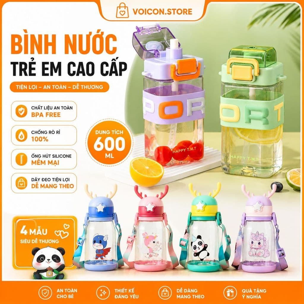 Bình nước nhựa có ống hút 600ml dây đeo tiện lợi, phù hợp cho các bé đựnġ nước đến trường, VOICON-[LA22]