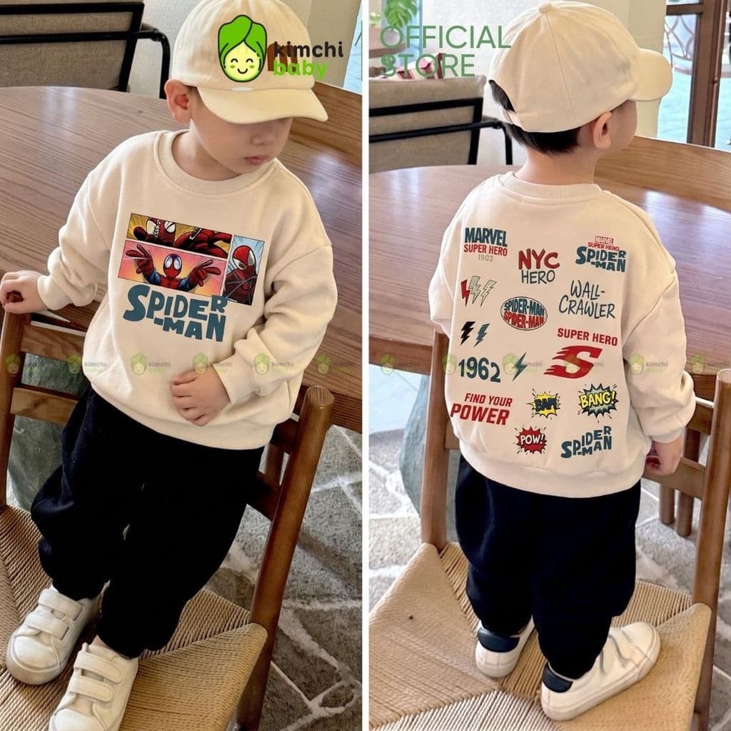 [10-29kg] Bộ Nỉ 2 Da Cao Cấp Cho Bé Trai Mặc Thu Đông KIMCHIBABY Dày Mịn Ấm 330gsm Họa Tiết Anh Hùng Người Nhện BN601