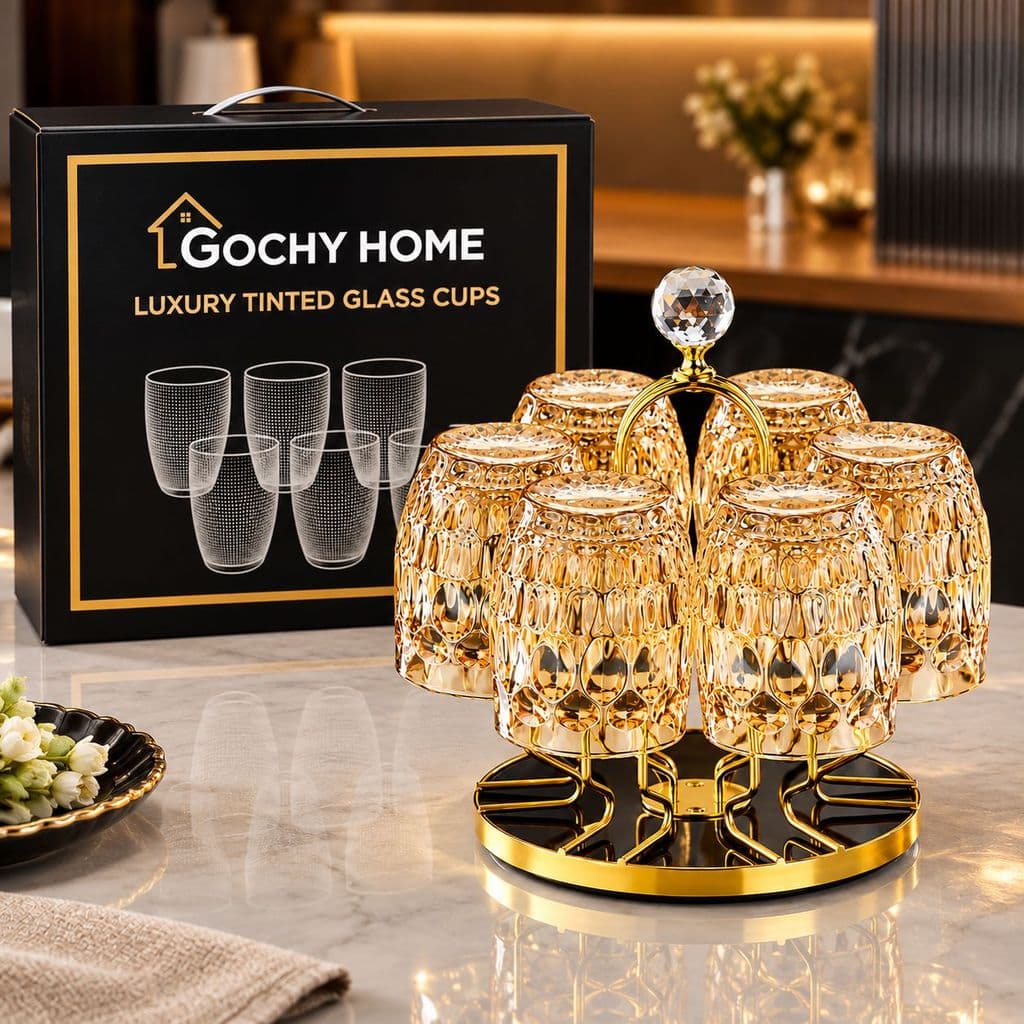 [ GOCHY ] Bộ 6 Ly Thủy Tinh GOCHY HOME 300ml Vân Ong Dập Nổi 3D, Cốc Uống Nước Soda-Lime Không Chì, Dày Dặn Sang Trọng- Mix Vàng
