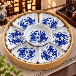 Bộ Bát Đĩa Hoa Mặt Trời Rồng Phượng Ngũ Phúc 7 Món Kèm Khay Tròn 45cm – Gốm Sứ Trắng Xanh, Họa Tiết Sang Trọng 9