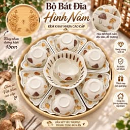 Bộ Bát Đĩa Hoa Mặt Trời Họa Tiết Nấm Kèm Khay 45cm – Bộ Đồ Ăn Gốm Sứ Cao Cấp, Sang Trọng Cho Gia Đình 3