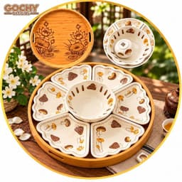 Bộ Bát Đĩa Hoa Mặt Trời Họa Tiết Nấm Kèm Khay 45cm – Bộ Đồ Ăn Gốm Sứ Cao Cấp, Sang Trọng Cho Gia Đình 1