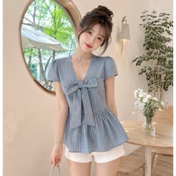 Áo sơ mi dáng babydoll đính nơ to kẻ sọc TM007 7