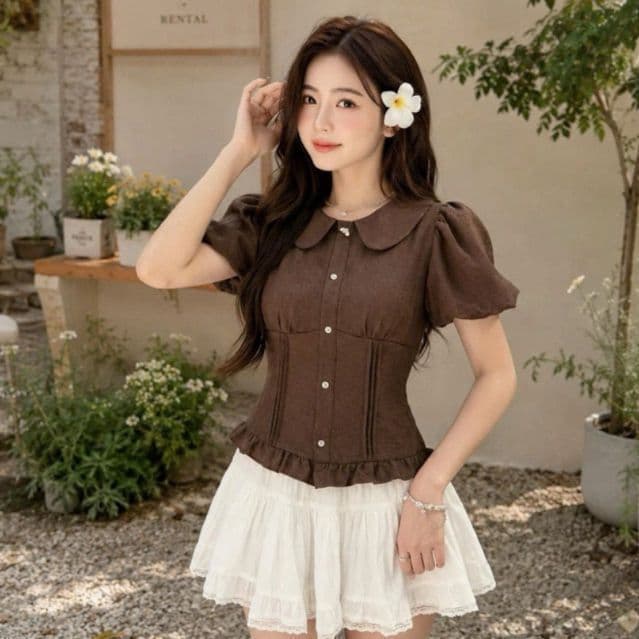 Áo sơ mi kiểu cổ bèo tay bồng xinh xắn chất đũi vân mây siêu sang AD38