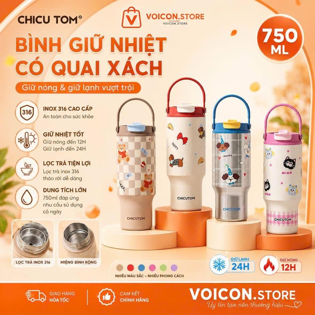 Bình Giữ Nhiệt Cao Cấp Inox 316 Dung Tích 750ml Cho Coffee & Trà  VOICON-[CU22]