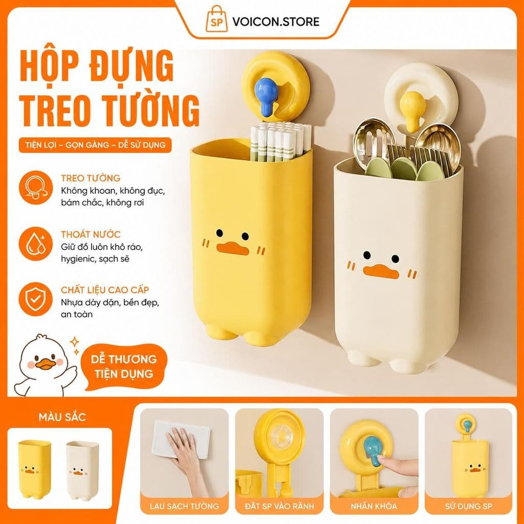 Hộp Đựng Đũa Muỗng Treo Tường Nhựa ABS Cao Cấp Thoáng Khí Ngăn Ẩm Mốc Ống Đựng Đũa Chống Bụi Tích Hợp Móc VOICON-TTA11