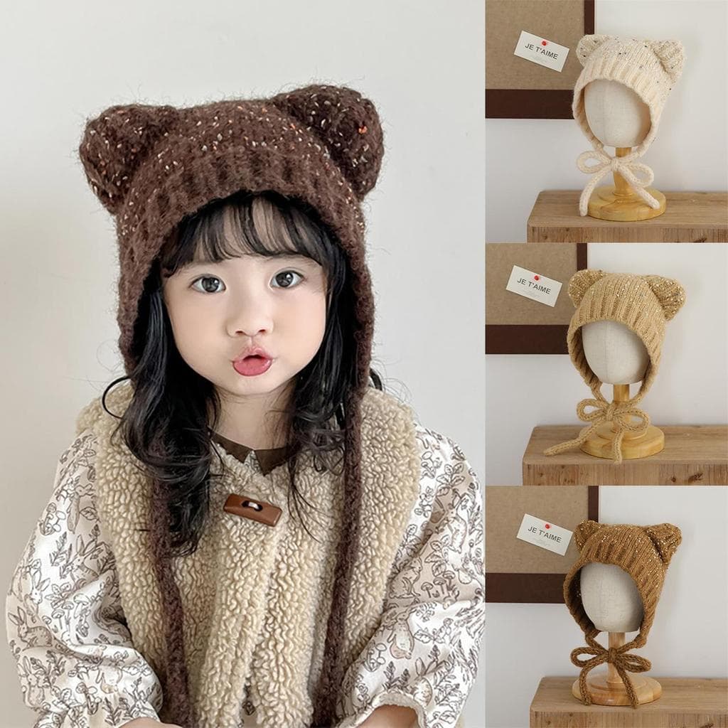 Tai Mèo Dễ Thương Trẻ Em Dệt Kim Mũ Len Thời Trang Bé Gái Ngọt Ngào Buộc Tai Bảo Vệ Ấm Áp Mũ Hoạt Hình Chống Lạnh Mũ Mùa Đông