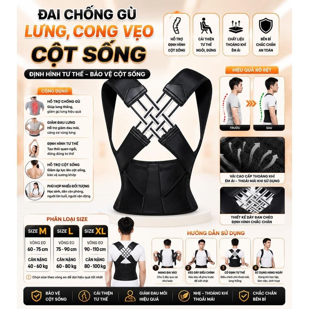 Đai Chống Gù Cong Vẹo Cột Sống Lưng (Nam&Nữ) - Chống Gù Lưng, Cong Vẹo Cột Sống, Thoái Hóa, Thoát Vị Đĩa Đệm----- ##