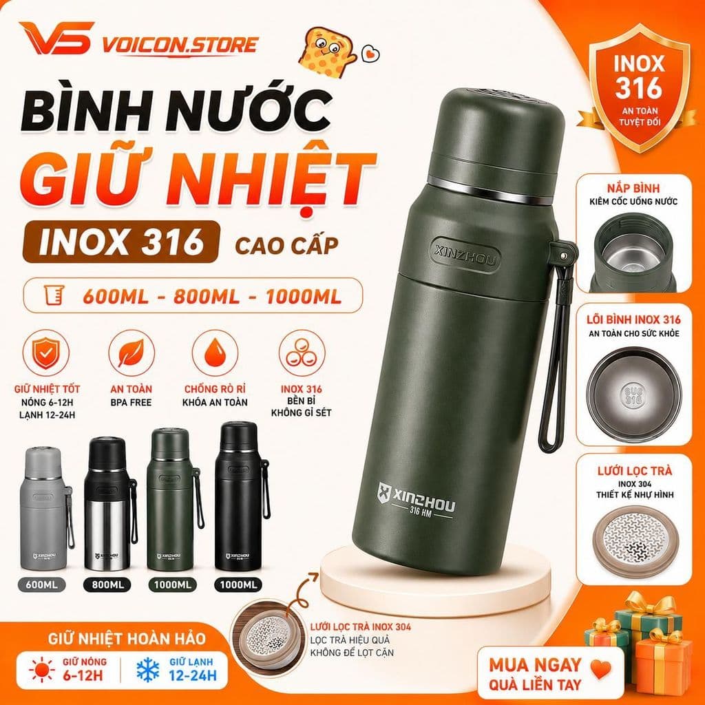 ​Bình Nước Giữ Nhiệt Inox 316 Dung Tích Lớn 600ml-1000ml Có Lưới Lọc Trà Dây Đeo Tiện Lợi  Dã Ngoại  VOICON-[CU22]