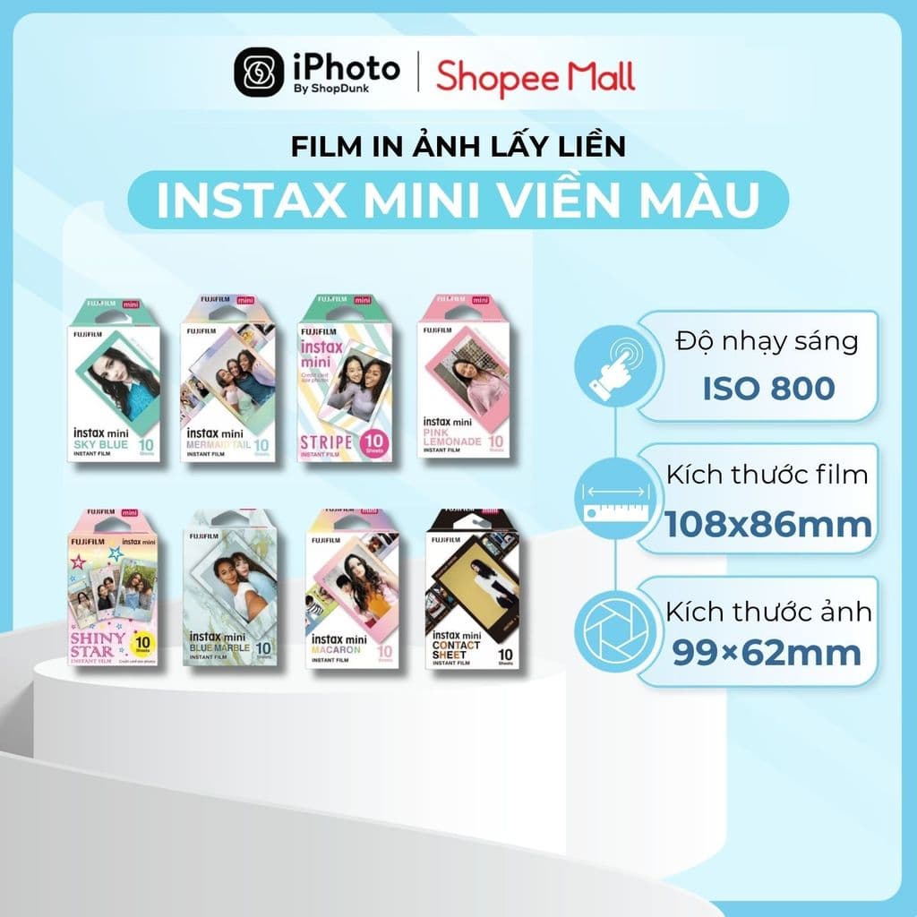 Film Chụp Ảnh Lấy Liền Instax Mini - Viền Màu Dùng Cho Máy Ảnh Instax Mini 12, Mini 13 Mini Evo