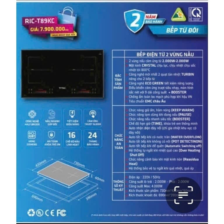Bếp từ đôi Rudiger RIC-T89 KC  Made in Malaysia bảo hành 2 năm chính hãng tại nhà