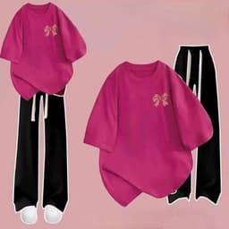 [ MỞ BÁN GIẢM 60% ] sét bộ đồ quần dài dây to đen+ mix áo phông form rộng màu HỒNG thêu cao xinh 6