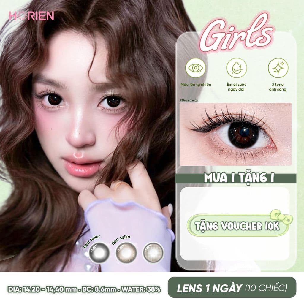 Kính Áp Tròng Màu HORIEN Girls 1 Ngày 10 Chiếc – Lens Màu Nâu/Đen Tự Nhiên, DIA 14.2–14.4mm, BC 8.6mm, Water 38%