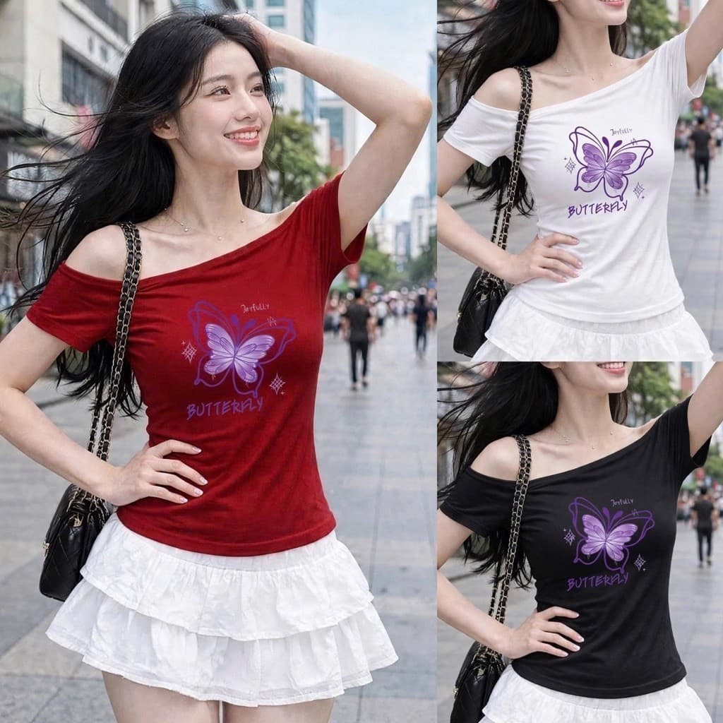 Áo trễ vai tay ngắn in hoạ tiết búm tím  xắn chất vải thun tăm co giãn ôm body  TD BUMTIM 8 43 65 - Sam botique